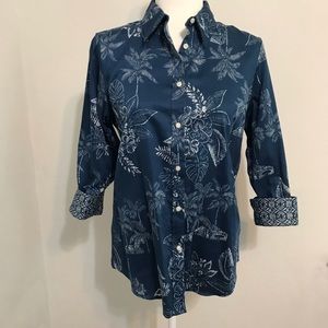 Chaps No Iron Indigo Tropical ButtonUp Top Medium